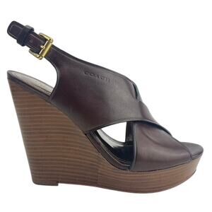 COACH Jamila Brown Vegan Wedge Sling Back Sandals Womens (6)‎ Wood Stacked Heel